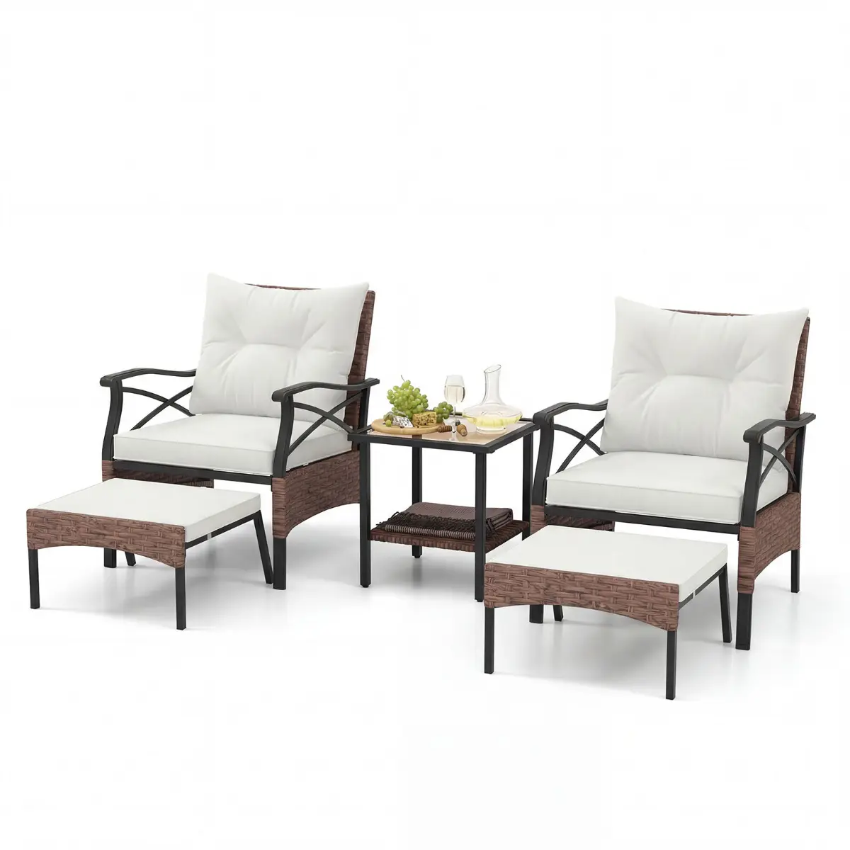 Ensemble de Meubles de Patio 5 Pièces Salon de Jardin en Rotin – 2 Chaises 2 Poufs et 1 Table Basse Beige MAISON CHIC