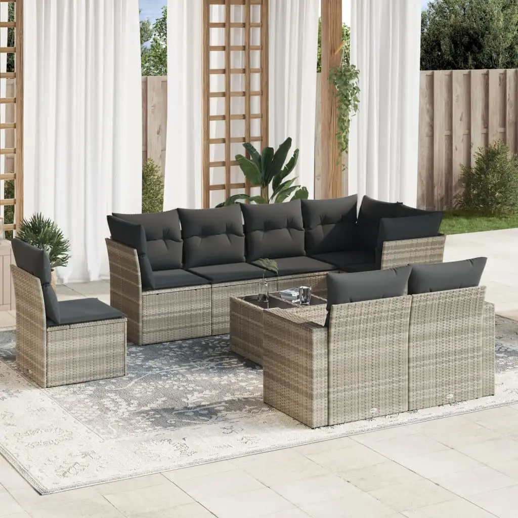 Ensemble canapé de jardin 9 éléments poly rotin modulable avec table basse pour patio Gris clair coussins foncés – ComfortXL Outdoor Living