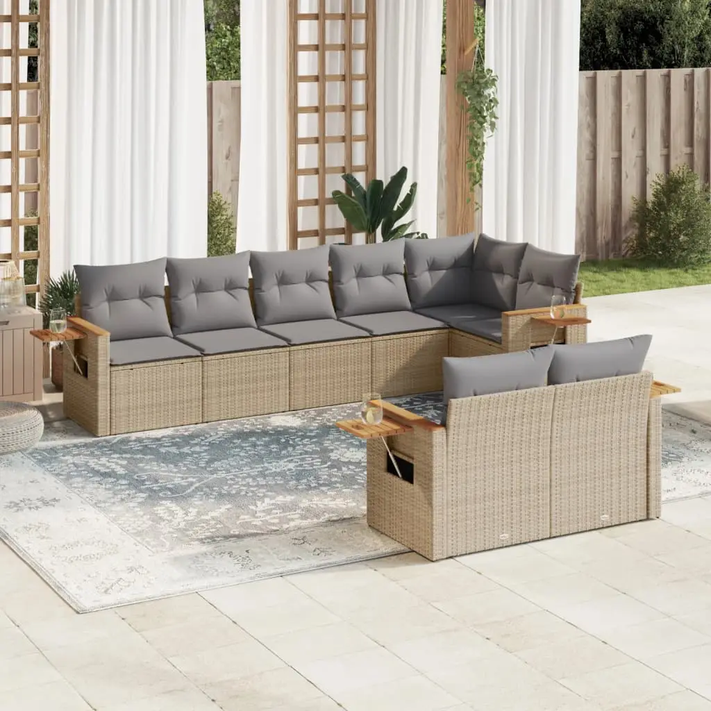 Ensemble canapé de jardin 8 places modulable en résine tressée avec tablettes pliables Beige et Gris Clair – ComfortXL Outdoor Living