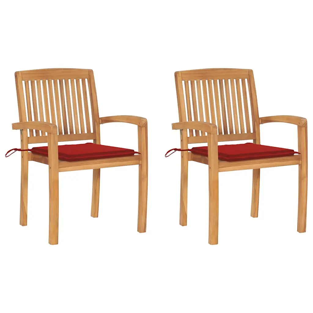 Ensemble de 2 Chaises de Jardin Empilables en Bois de Teck avec Coussins Inclus Rouge – ComfortXL Outdoor Living