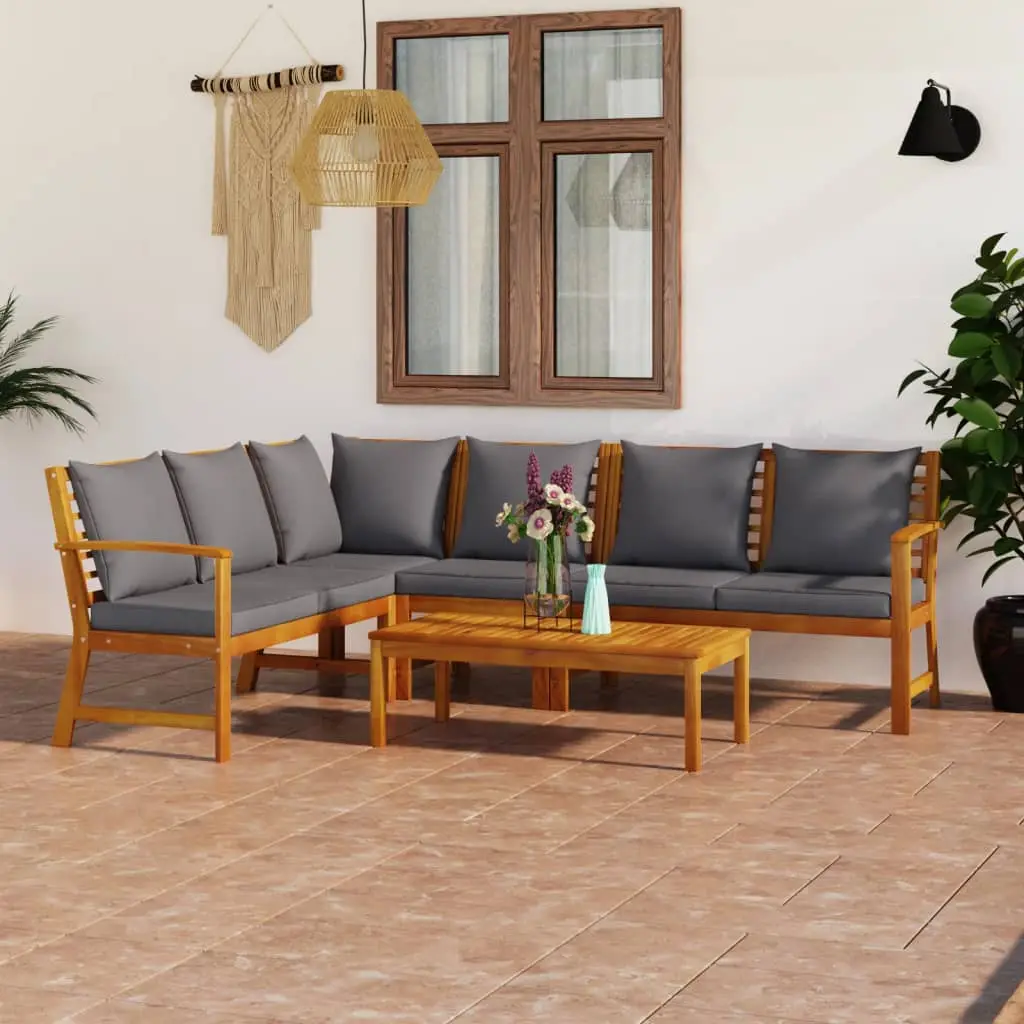 Ensemble de Jardin d’Angle 5 Places Bois d’Acacia Table Basse et Coussins Gris – ComfortXL Outdoor Living