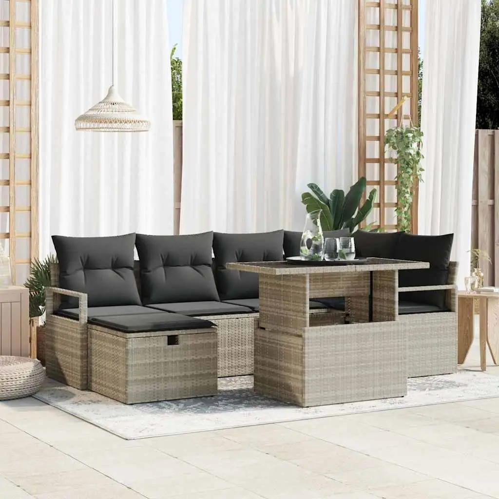 Ensemble de jardin 7 pièces 6 places en poly rotin pour terrasse Gris clair – ComfortXL Outdoor Living