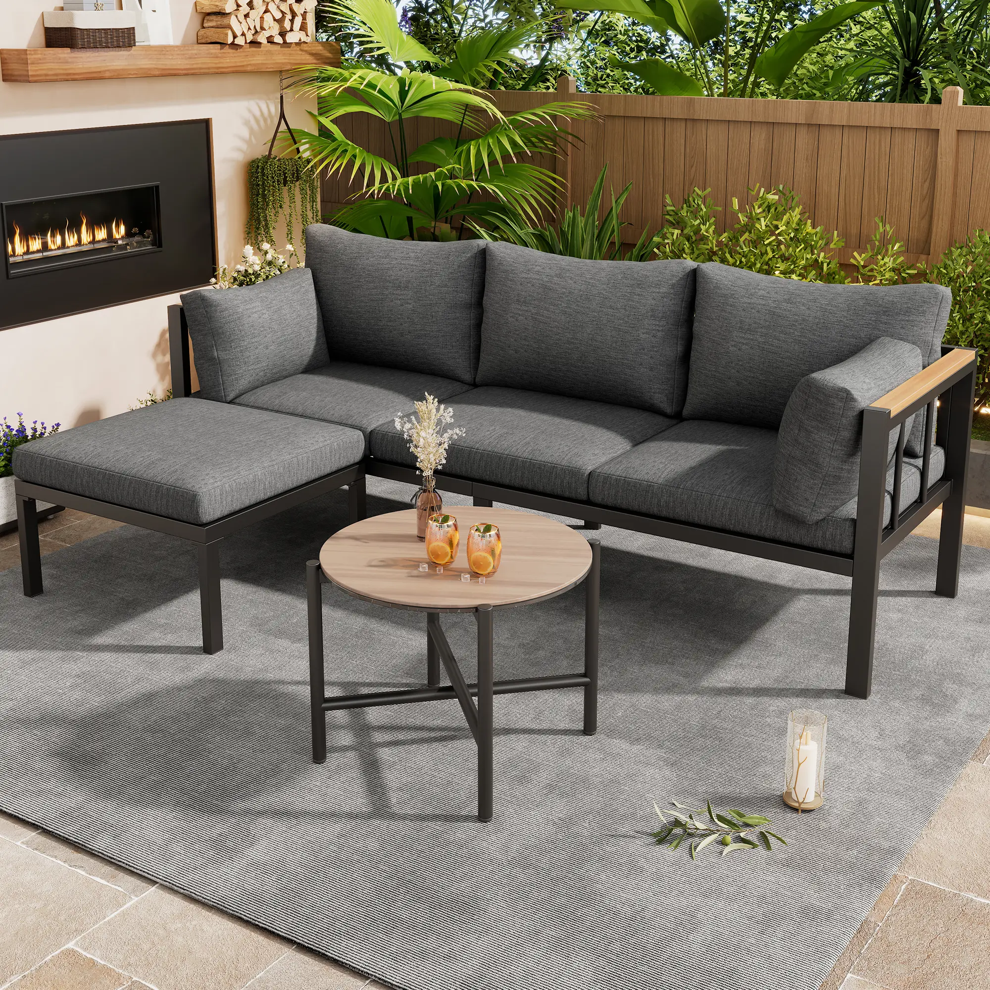 Ensemble de meubles de jardin, canapé + table basse + pouf, tube d’acier galvanisé, plateau de table en verre, gris