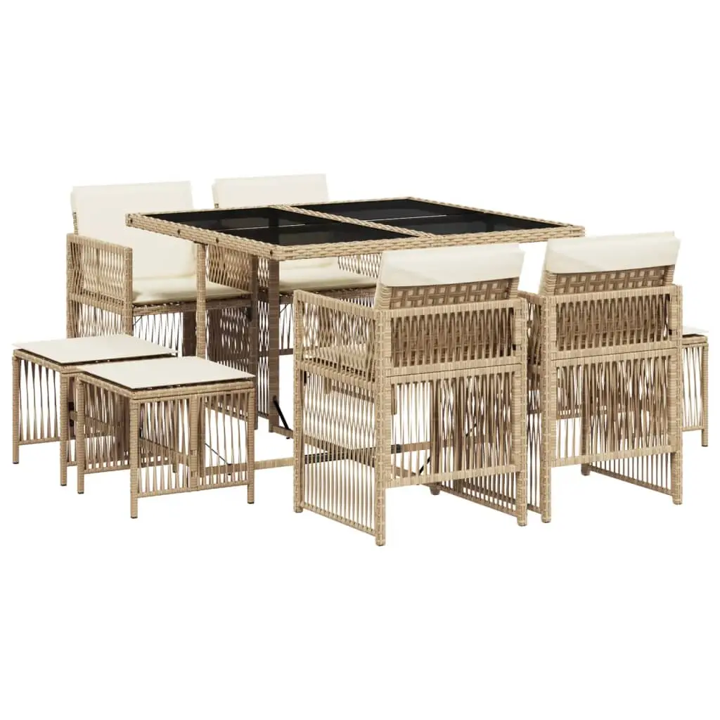 Ensemble de 9 pcs table de jardin et chaises avec coussins – mobilier de jardin beige Poly rotin-JU2683