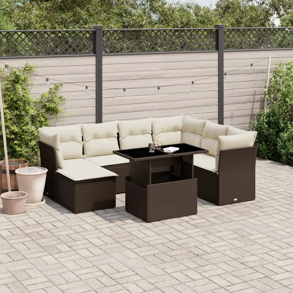 Ensemble de jardin 7 places en poly rotin avec table hauteur réglable et repose-pied Marron – ComfortXL Outdoor Living