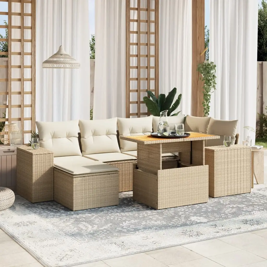 Ensemble de jardin 7 places Beige avec repose-pied résine tressée et table relevable – ComfortXL Outdoor Living