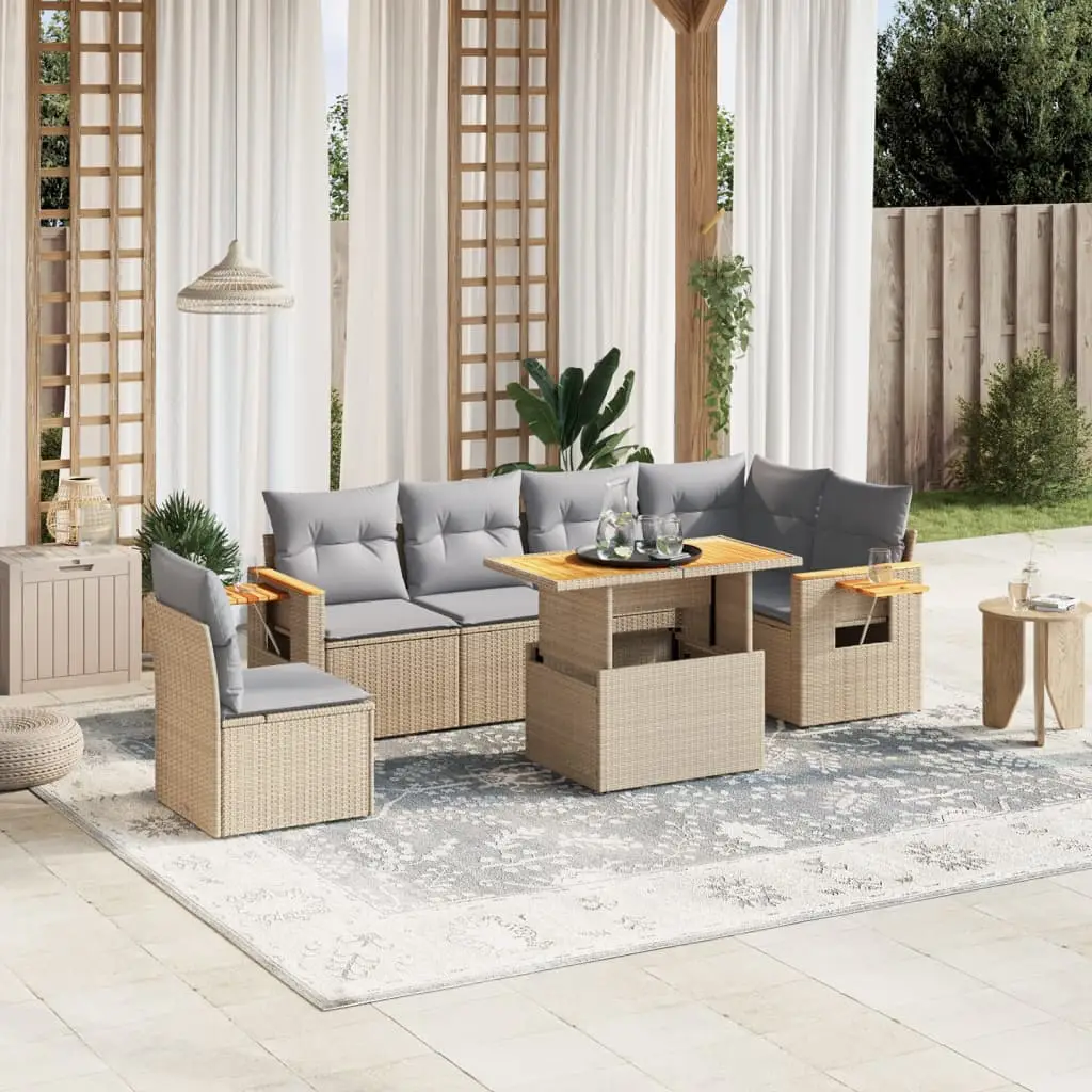Ensemble de jardin 7 pcs Beige Résine Tressée Table Relevable et Tablette – ComfortXL Outdoor Living