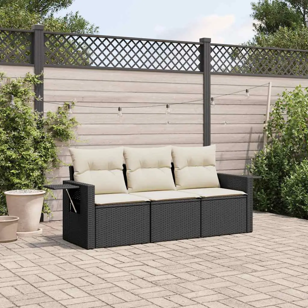 Ensemble de balcon 3 places résine tressée avec rangement intégré tablettes et coussins crème Noir – ComfortXL Outdoor Living