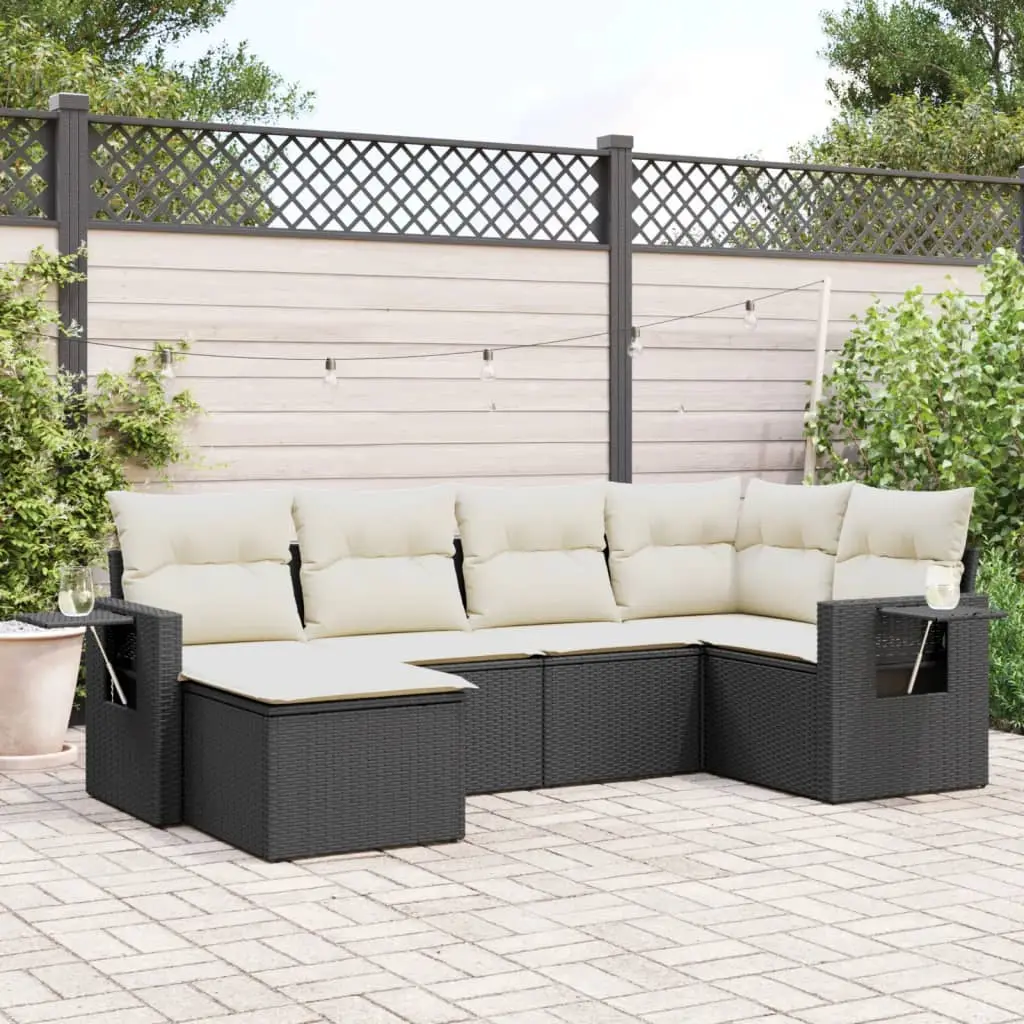 Ensemble canapé de jardin modulable 5 places résine tressée avec coffre de rangement et pouf Noir et coussins crème – ComfortXL Outdoor Living