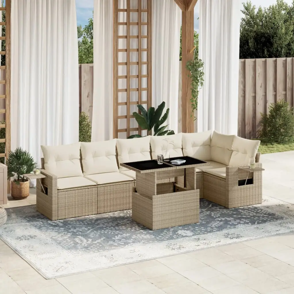 Ensemble de jardin 7 pièces résine tressée et table convertible Beige – ComfortXL Outdoor Living