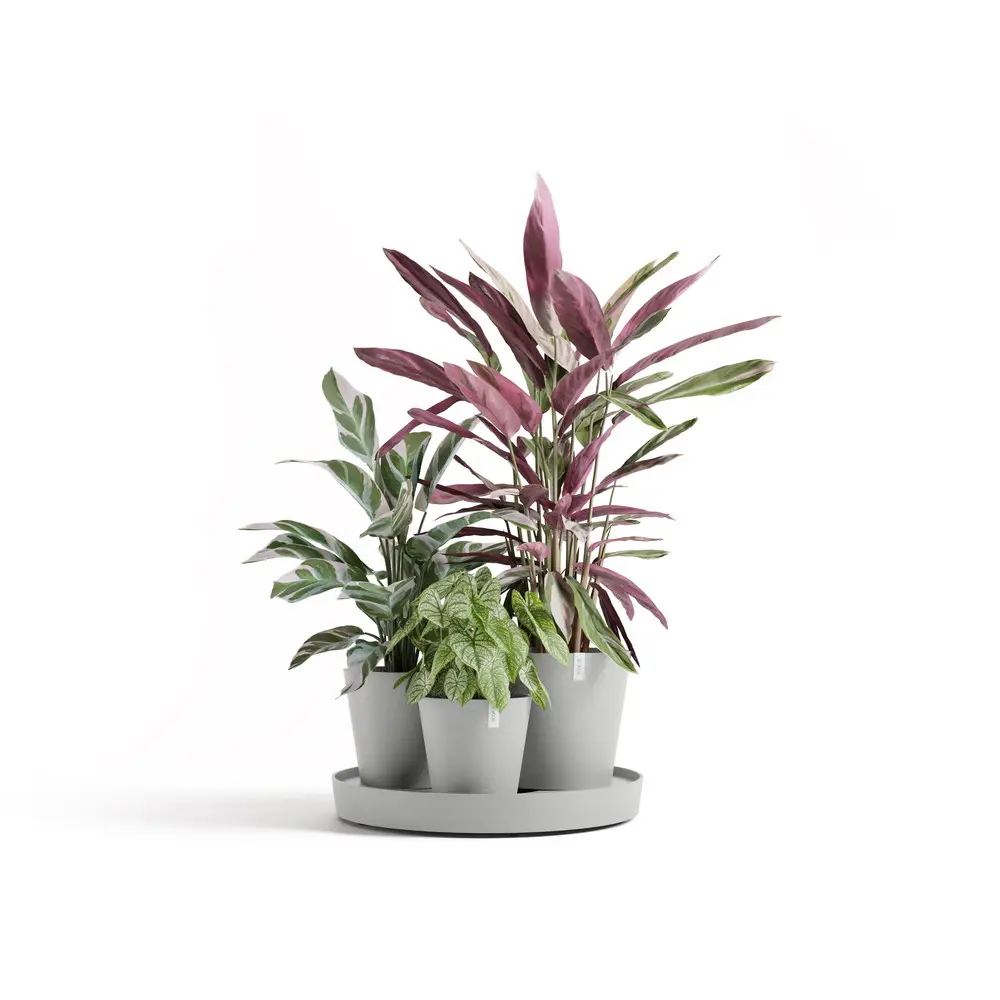 Ensemble de 3 pots Dubai Blanc Gris – Ø 57 x H. 30 cm – support à roulettes ECOPOTS