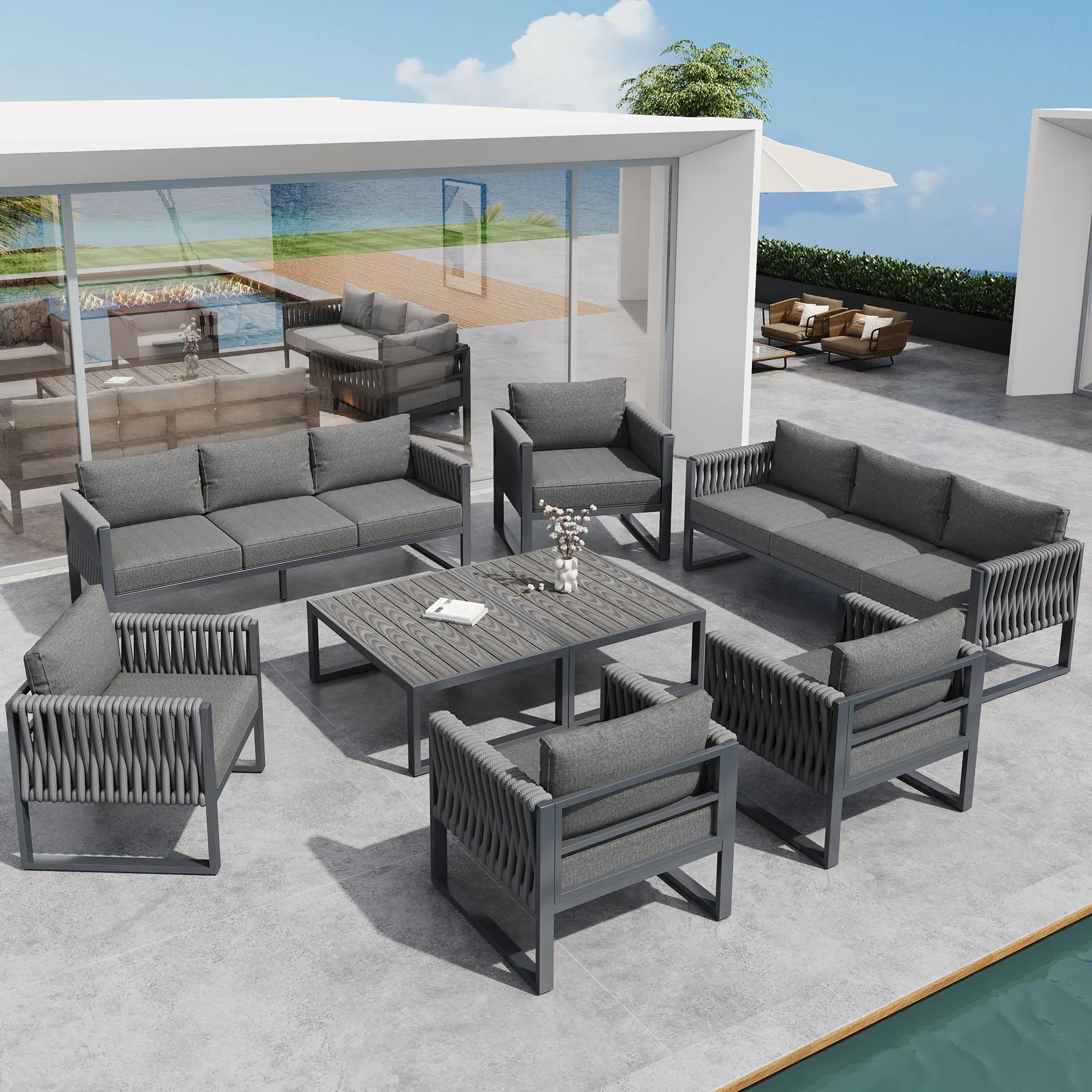 Ensemble de meubles de jardin ,Canapé d’extérieur 10 avec pieds réglables, rembourré et structure métallique en acier inoxydable, gris