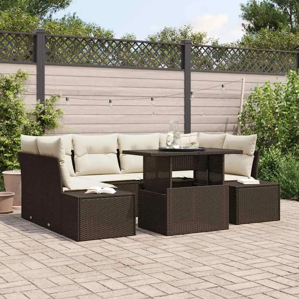 Ensemble Canapé Repas Marron et Crème 7 Pièces Table Haute et Coffres – ComfortXL Outdoor Living