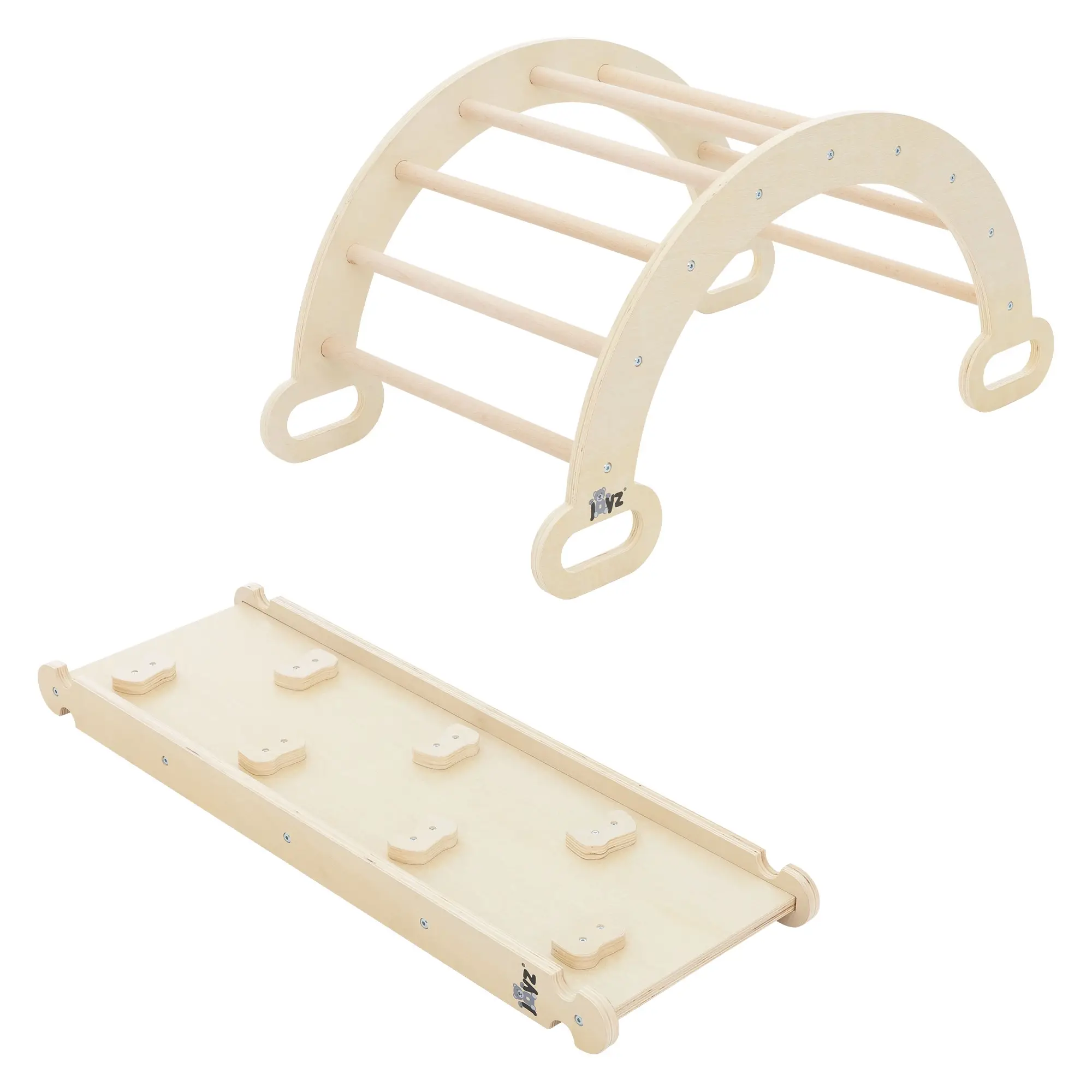 Ensemble d’escalade enfants naturel en bois avec arc à grimper et planche de glisse convient dès 2 ans développe la motricité l’équilibre la sécurité