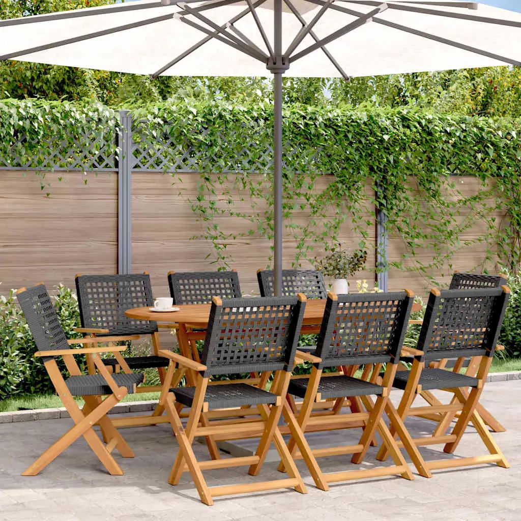 Ensemble de 8 Sièges d’Extérieur Pliants en Bois d’Acacia et Poly Rotin pour Patio Noir – ComfortXL Outdoor Living