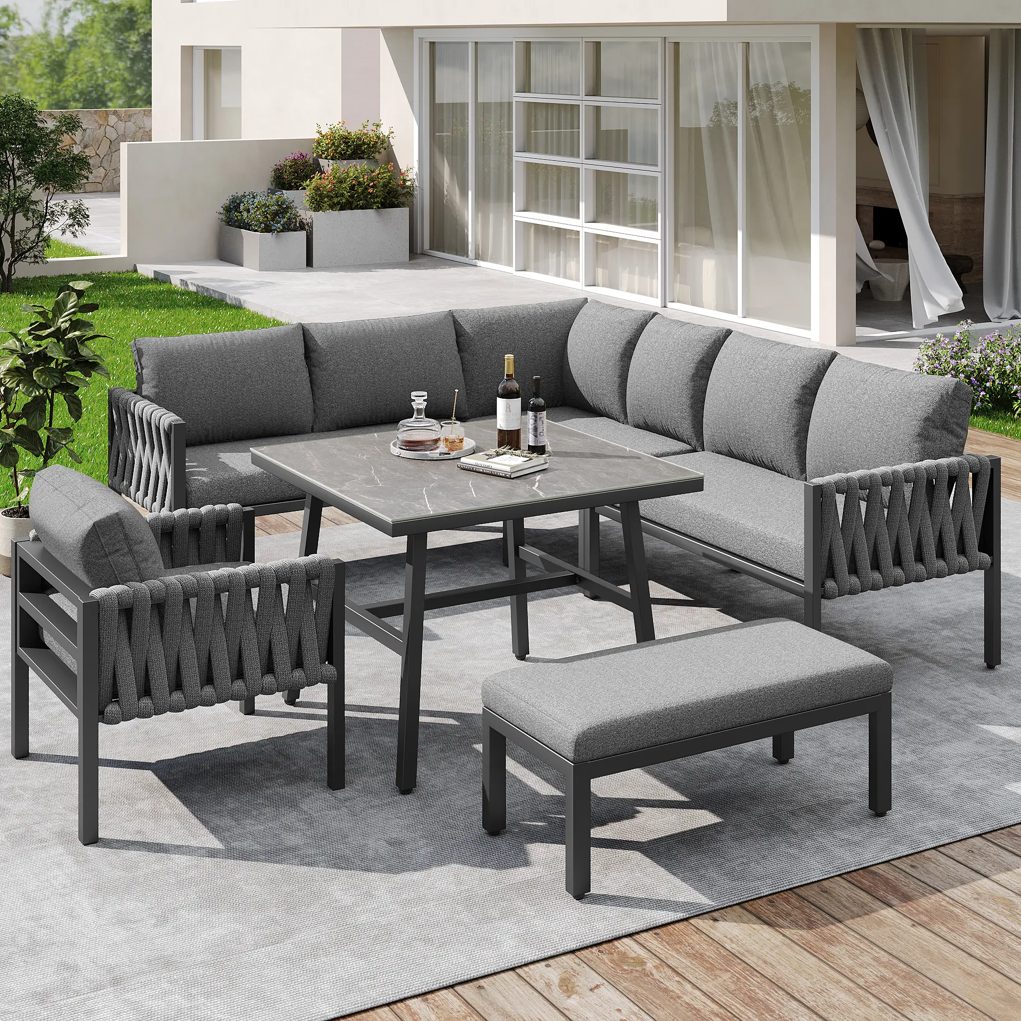 Ensemble de meubles de jardin avec plateau de table en verre trempé, y compris coussins d’assise et coussins,gris