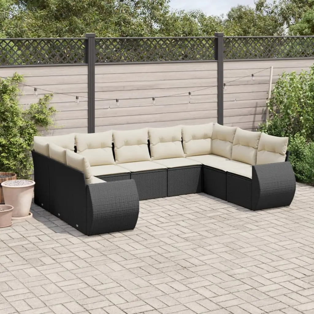 Ensemble Canapé de Jardin 9 Places Résine Tressée Noire avec Coussins Crème pour Terrasse 9 Pièces – ComfortXL Outdoor Living