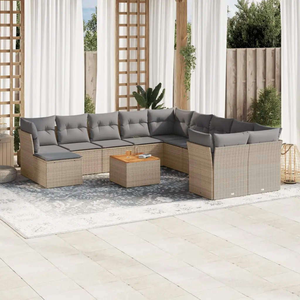 Ensemble de jardin modulable poly rotin 11 places avec pouf pour extérieur Beige coussins gris clair – ComfortXL Outdoor Living