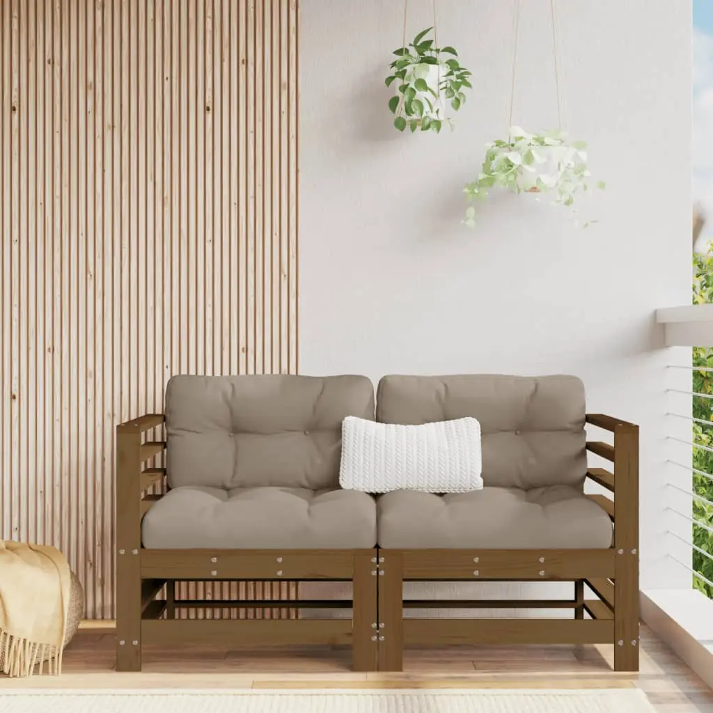 Ensemble de 2 canapés d’angle en pin solide avec coussins taupe pour un patio accueillant et un style rustique Marron Miel – ComfortXL Outdoor Living
