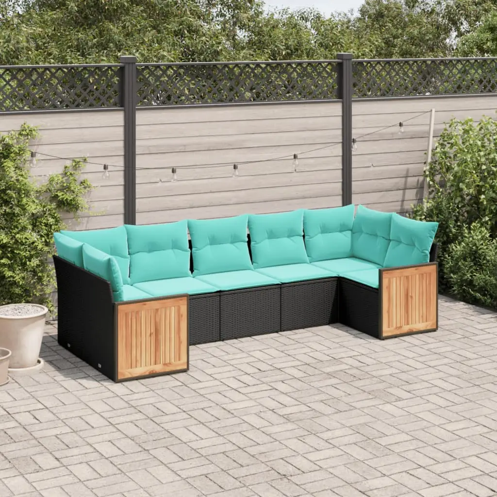 Ensemble de jardin 6 places en polyrotin configurable avec table en bois pour terrasse Noir et Bleu – ComfortXL Outdoor Living