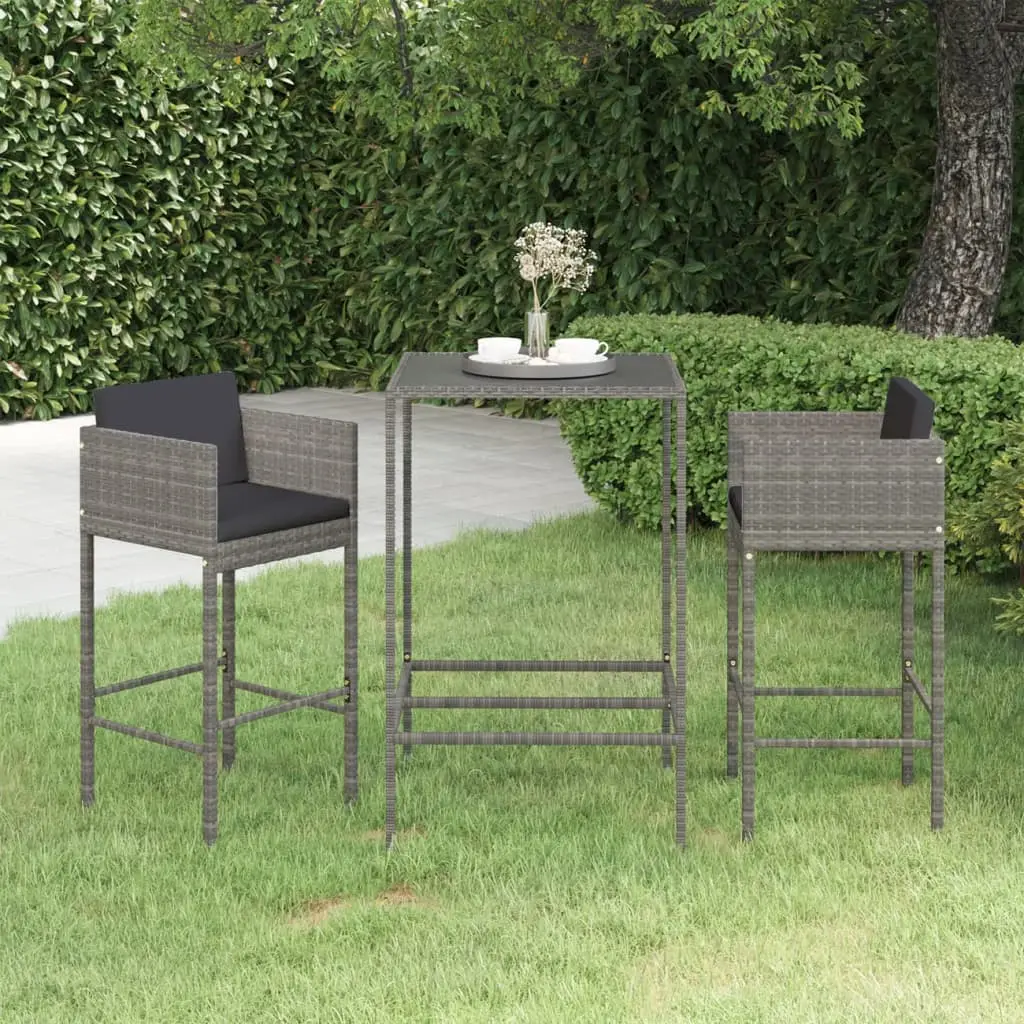Ensemble de bar de jardin 3 pcs et coussins Résine tressée Gris vidaXL 3094788