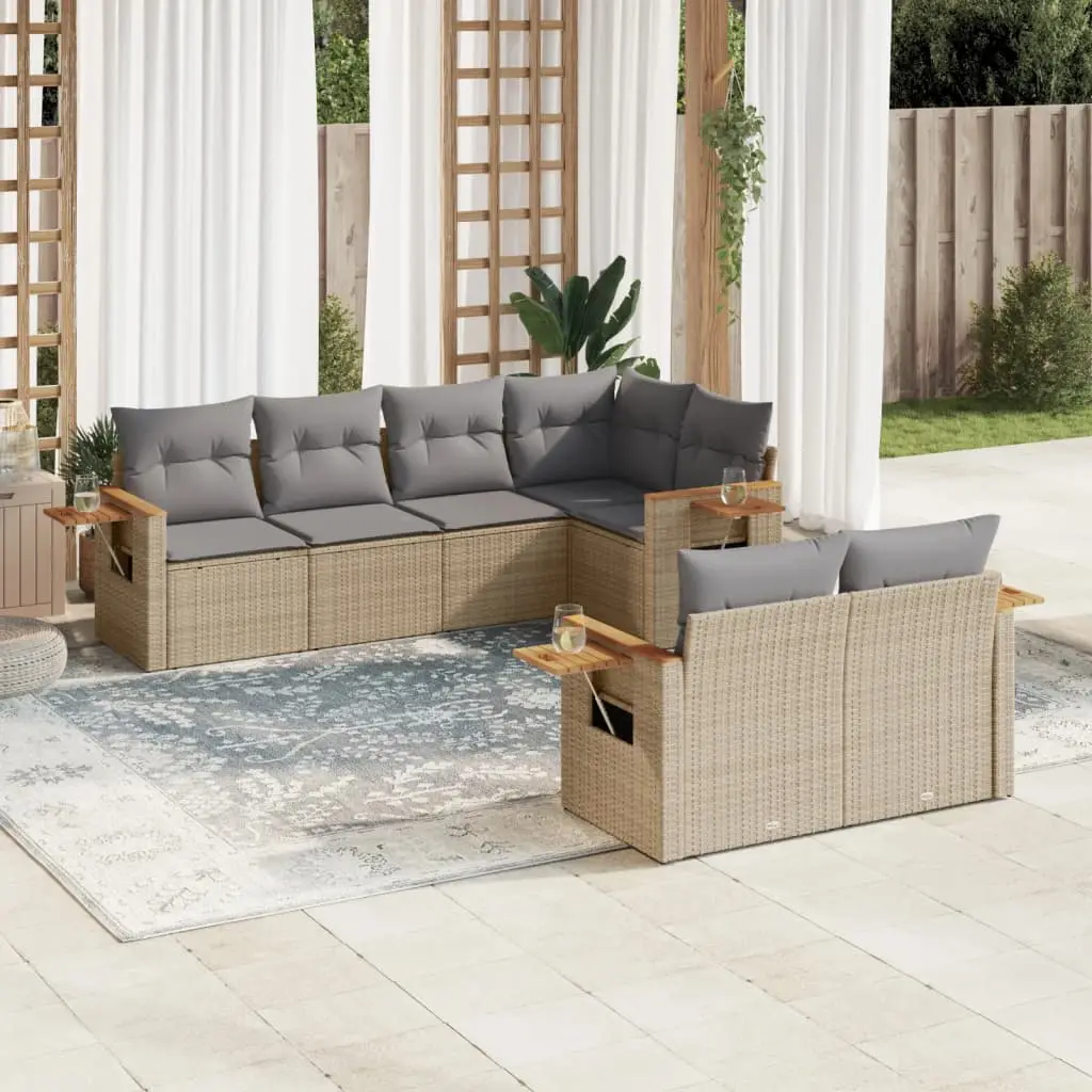 Ensemble de Jardin 7 Éléments Résine Tressée avec Coussins Gris Clair et Rangement Beige – ComfortXL Outdoor Living