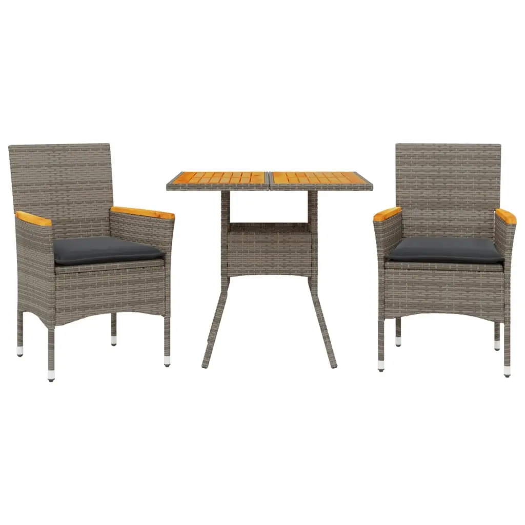 Ensemble de 3 pcs table de jardin et chaises avec coussins – mobilier de jardin gris rotin acacia-JU2714
