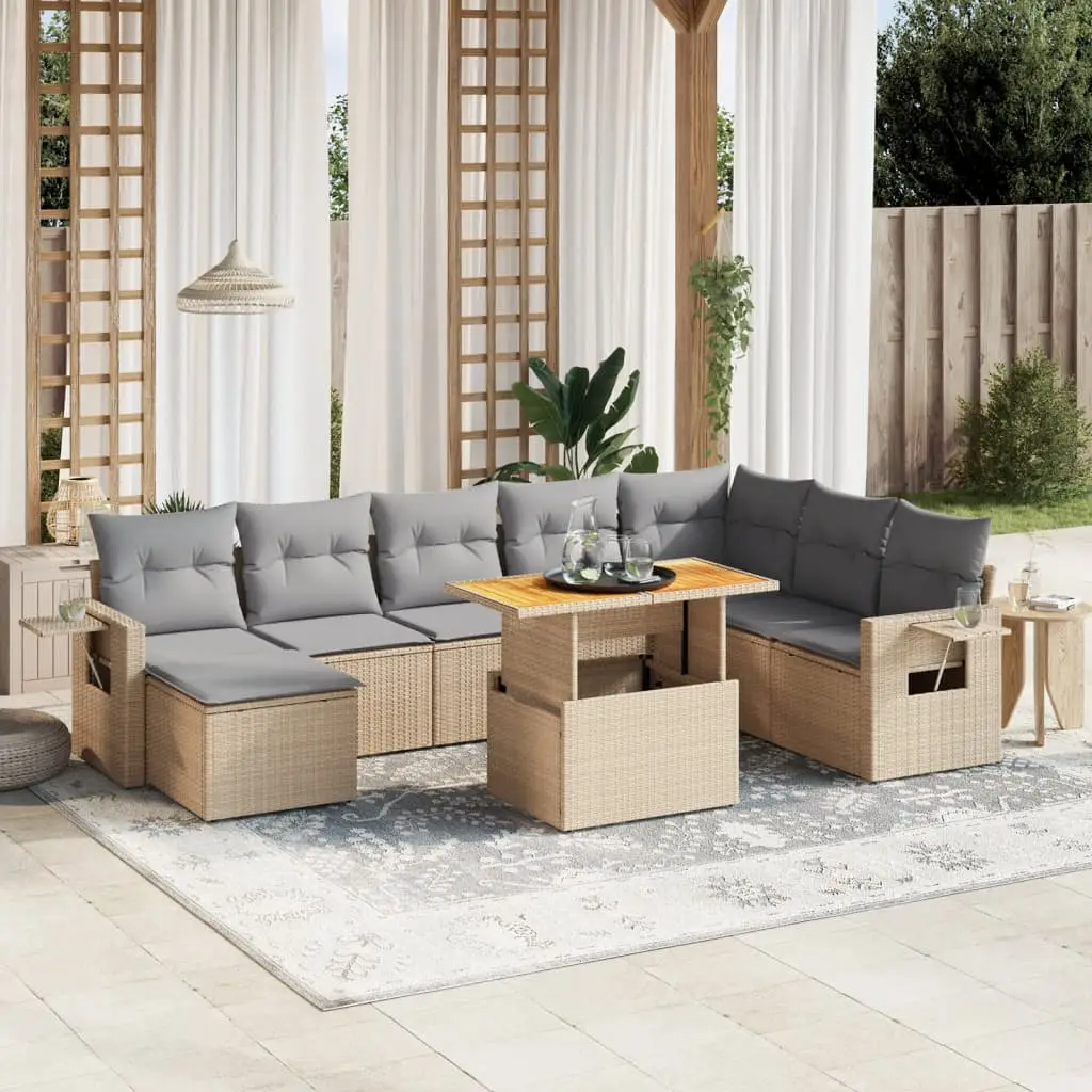 Ensemble de Jardin 9 pcs Modulable Résine Tressée Beige et Coussins Gris – ComfortXL Outdoor Living