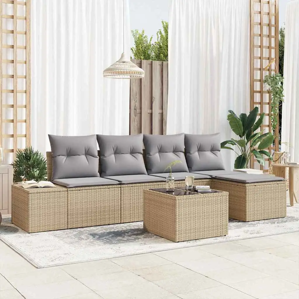Ensemble de jardin 6 places en polyrotin modulable avec coussins et pouf Beige – ComfortXL Outdoor Living