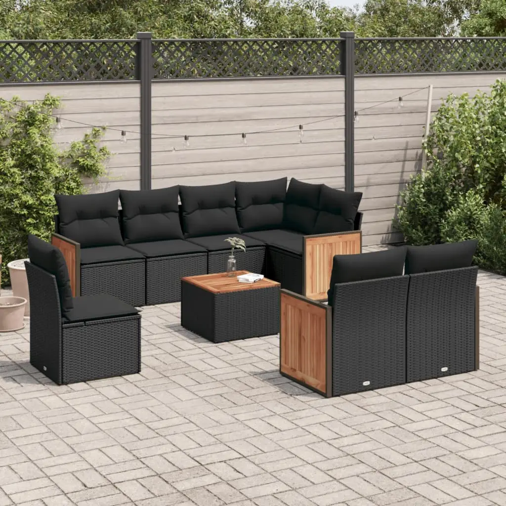 Ensemble canapé modulable 8 places Résine Tressée et Bois d’Acacia pour Terrasse Noir – ComfortXL Outdoor Living