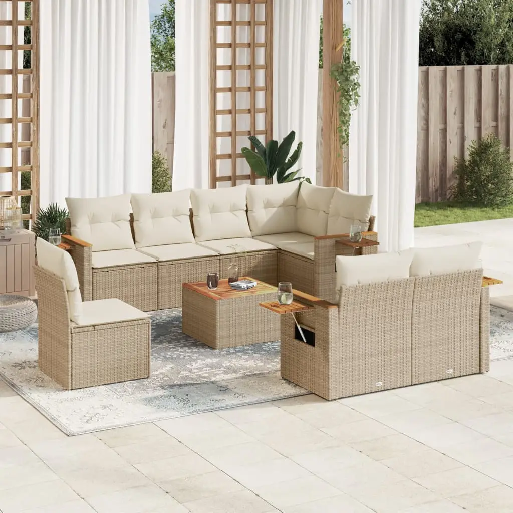Ensemble de Jardin 9 Éléments en Résine Tressée Beige avec Coussins et Table Basse – ComfortXL Outdoor Living