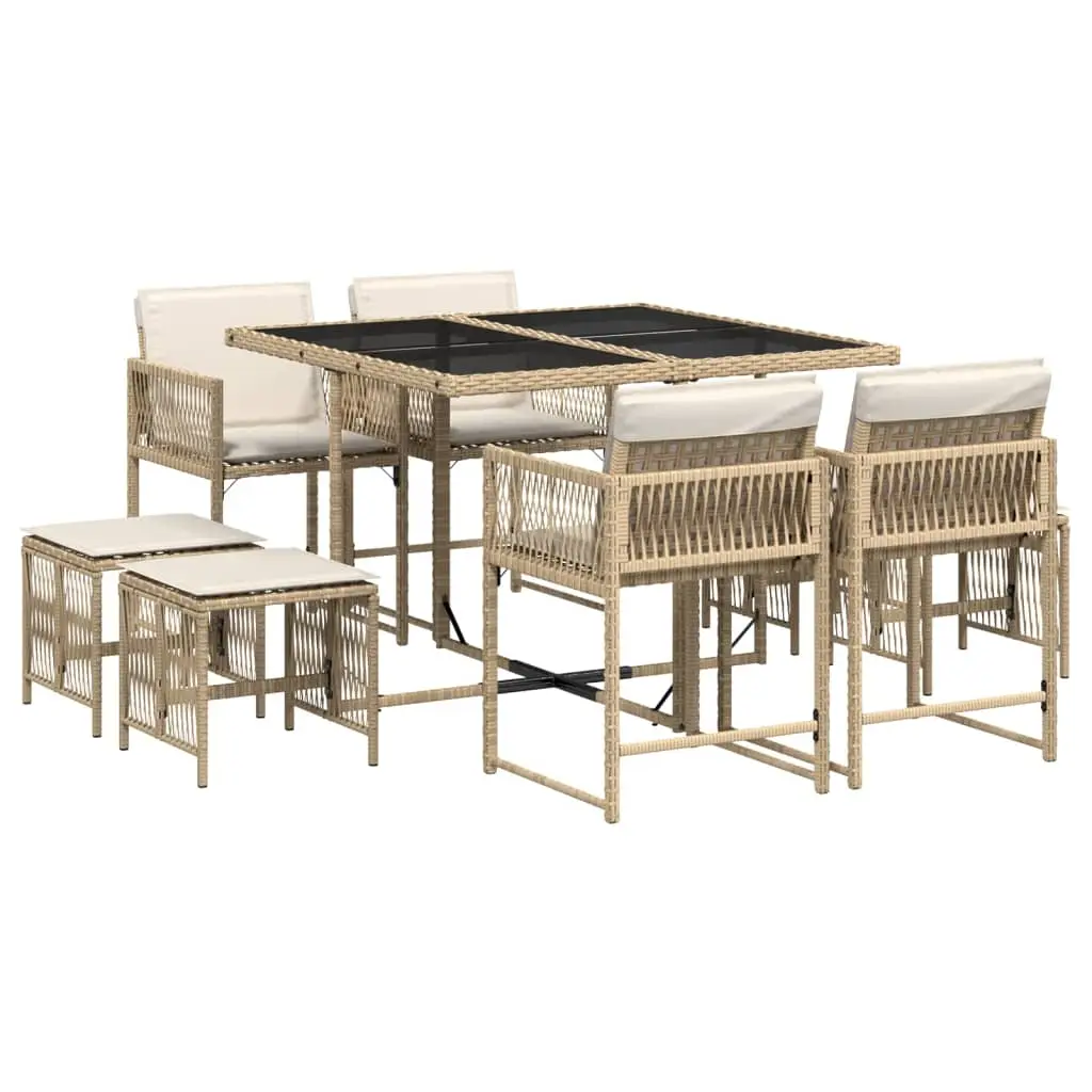 Ensemble de 9 pcs table de jardin et chaises avec coussins – mobilier de jardin beige Poly rotin-JU2664