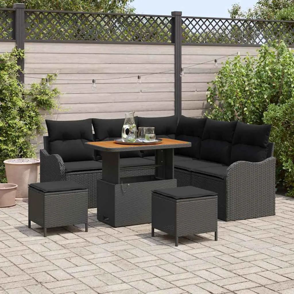 Ensemble de canapés 8 pcs polyrotin et bois d’acacia pour 7 personnes Noir – ComfortXL Outdoor Living