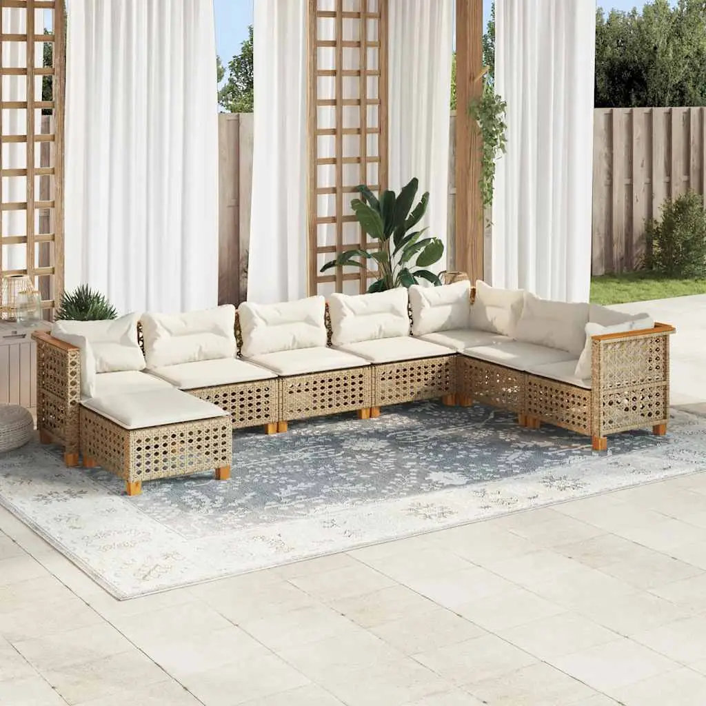 Ensemble canapés de jardin 8 pièces polyrotin et bois d’acacia modulable Coussins confortables Beige – ComfortXL Outdoor Living