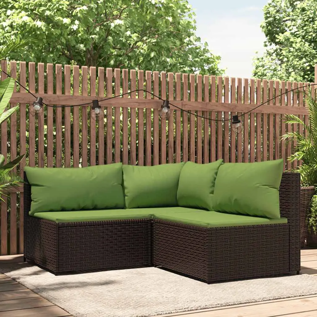 Ensemble Canapés de Jardin 3 Pièces Résine Tressée Modulable avec Coussins Verts pour Balcon Marron – ComfortXL Outdoor Living