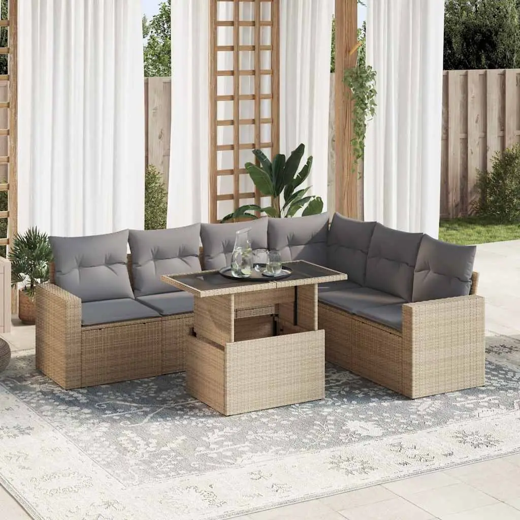 Ensemble de Jardin 7 pcs Résine Tressée Beige avec Table Relevable et Coussins Déhoussables – ComfortXL Outdoor Living