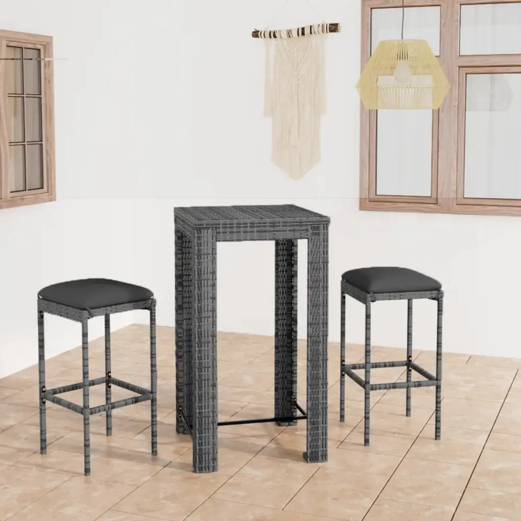 Ensemble de bar de jardin 3 pcs et coussins Résine tressée Gris vidaXL 3064776