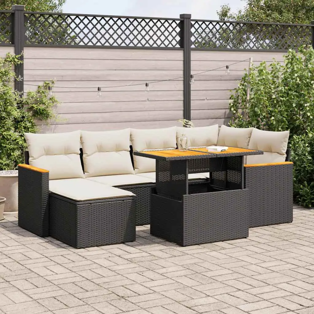 Ensemble de Jardin 6 Places Poly Rotin Noir avec Coffre de Rangement et Coussins Blanc Crème pour Patio – ComfortXL Outdoor Living