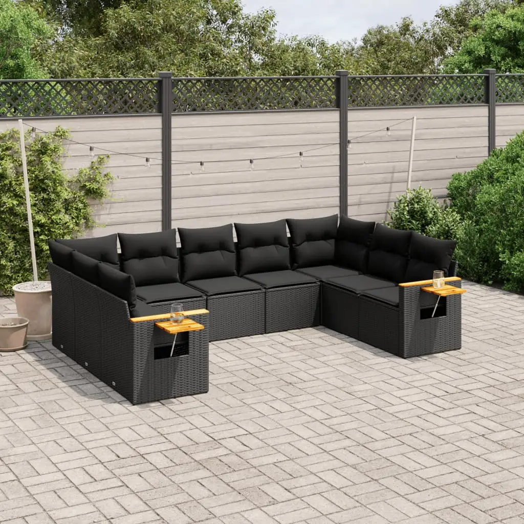 Ensemble de Jardin 9 pcs Résine Tressée avec Rangement Intégré et Coussins Noirs – ComfortXL Outdoor Living