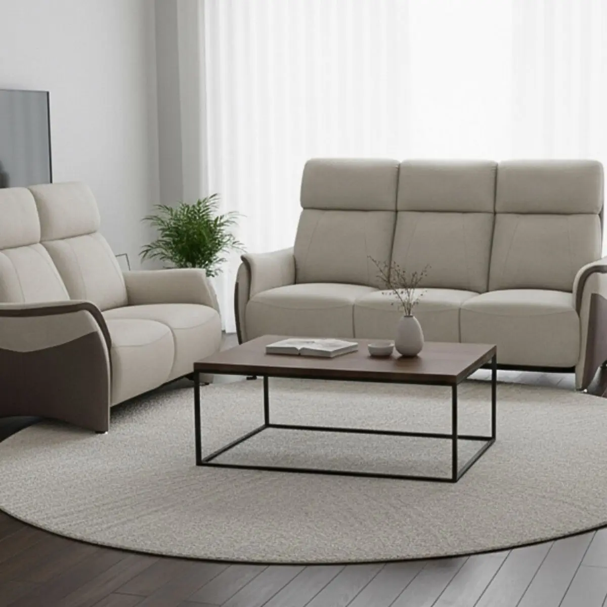 Ensemble canapé relax électrique 3 places + canapé fixe 2 places tissu micro grain brun – SANGY
