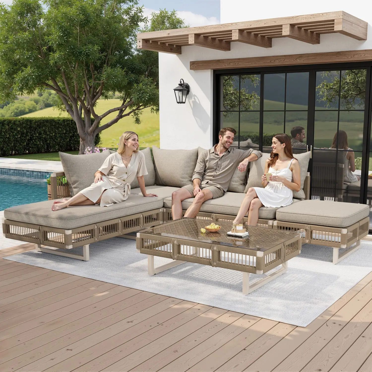 Ensemble de mobilier de jardin avec pieds réglables, coussins de 10 cm d’épaisseur et table basse en verre, beige beige
