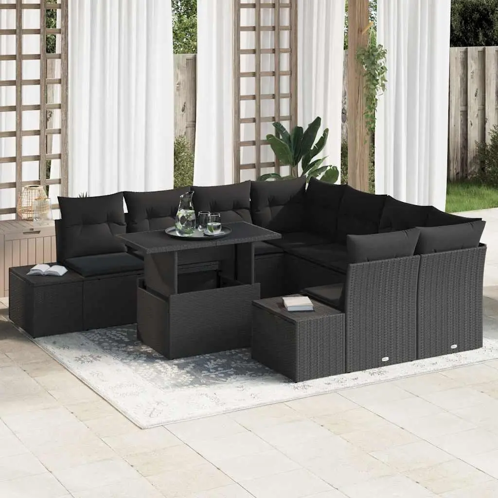 Ensemble de canapé de jardin avec coussin 9 pcs Noir polyrotin vidaXL 3357896