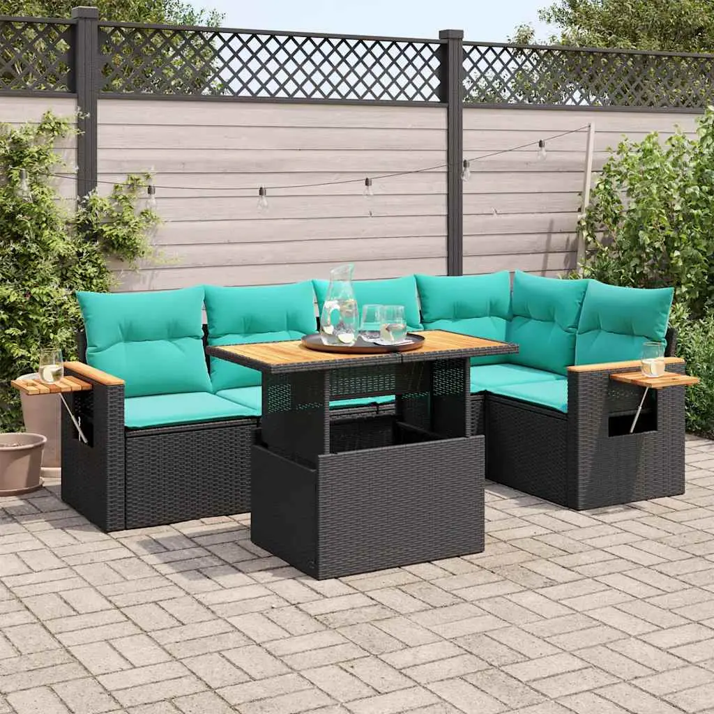 Ensemble Canapé Jardin 6 Pièces Résine Noire et Accoudoirs Acacia avec Table Ajustable et Coffres – ComfortXL Outdoor Living