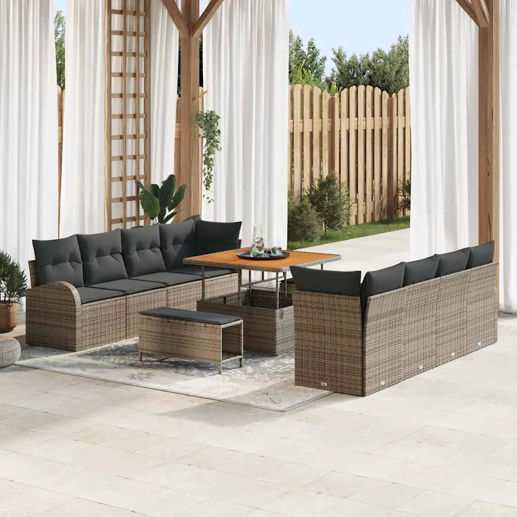 Ensemble de Jardin Design 10 Personnes Gris, Résine Tressée et Plateau en Bois d’Acacia – ComfortXL Outdoor Living