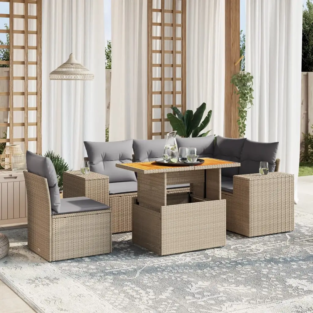 Ensemble de jardin 6 places en résine tressée Beige avec table convertible et confort – ComfortXL Outdoor Living