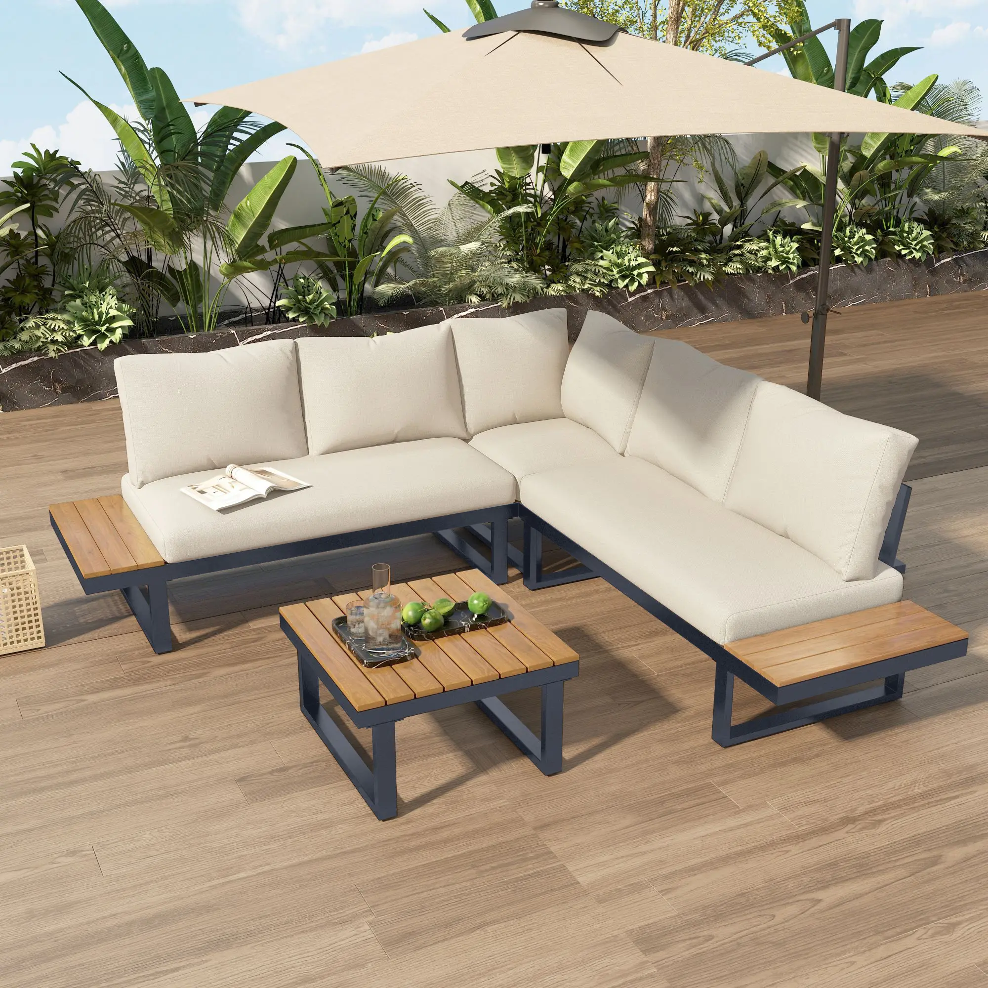 Ensemble de relaxation de jardin, position d’angle, chaise longue réglable (5 niveaux de réglage, max. 55°), avec table basse, gris + beige