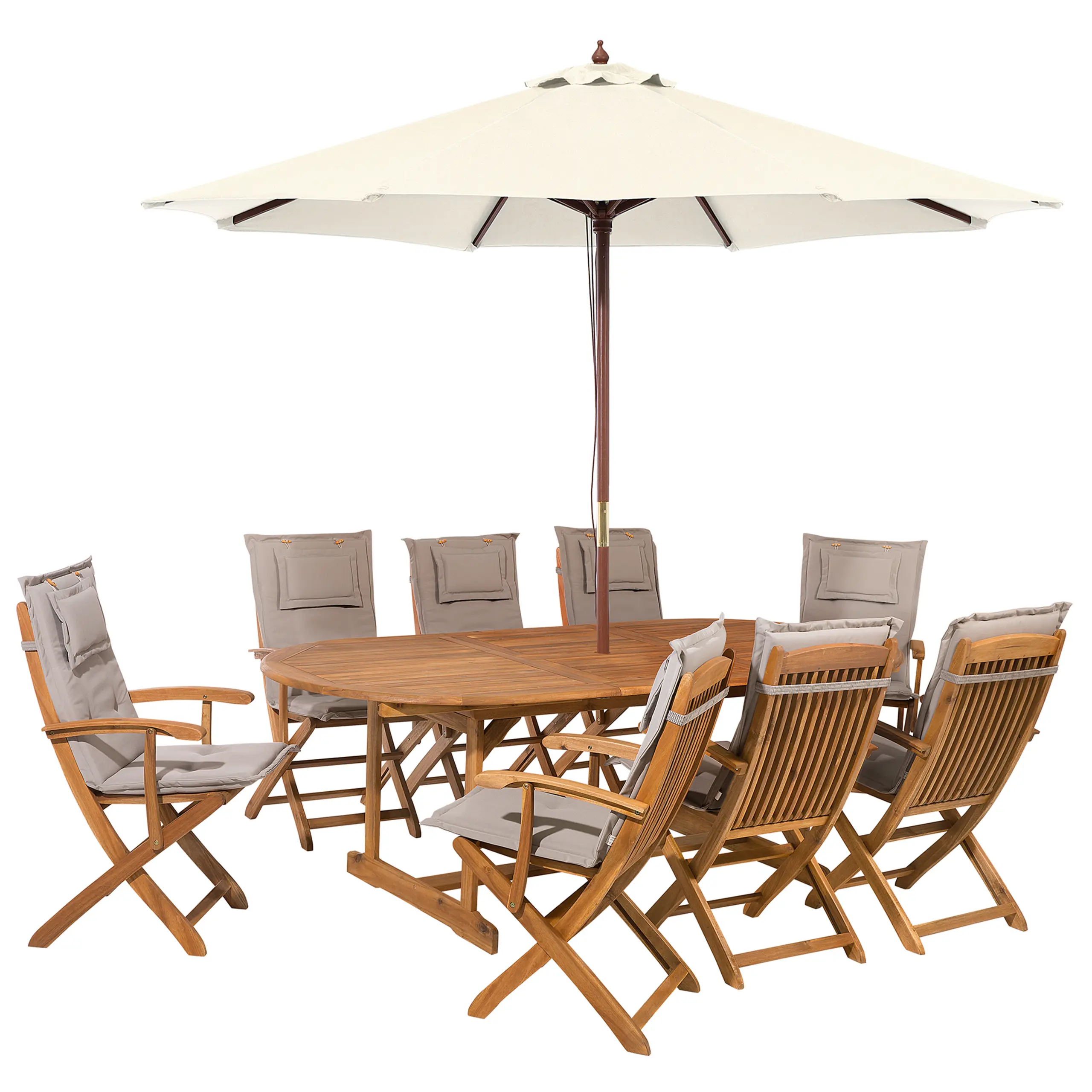 Ensemble de Jardin Table Extensible Ovale et de 8 Chaises Pliables avec Coussins d’Assise Gris Beige et Parasol en Toile Beige Beliani