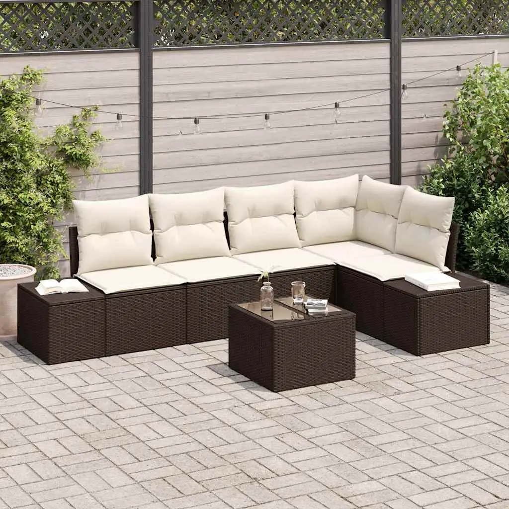Ensemble Canapé Jardin 6 pcs Résine Tressée et Acacia Marron et Crème avec Table Basse et Rangement – ComfortXL Outdoor Living