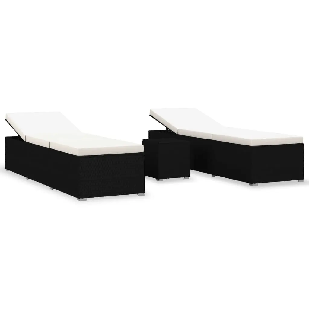 Ensemble de 3 Transats avec table à thé – Bain de soleil Résine tressée Noir – Meuble Pro