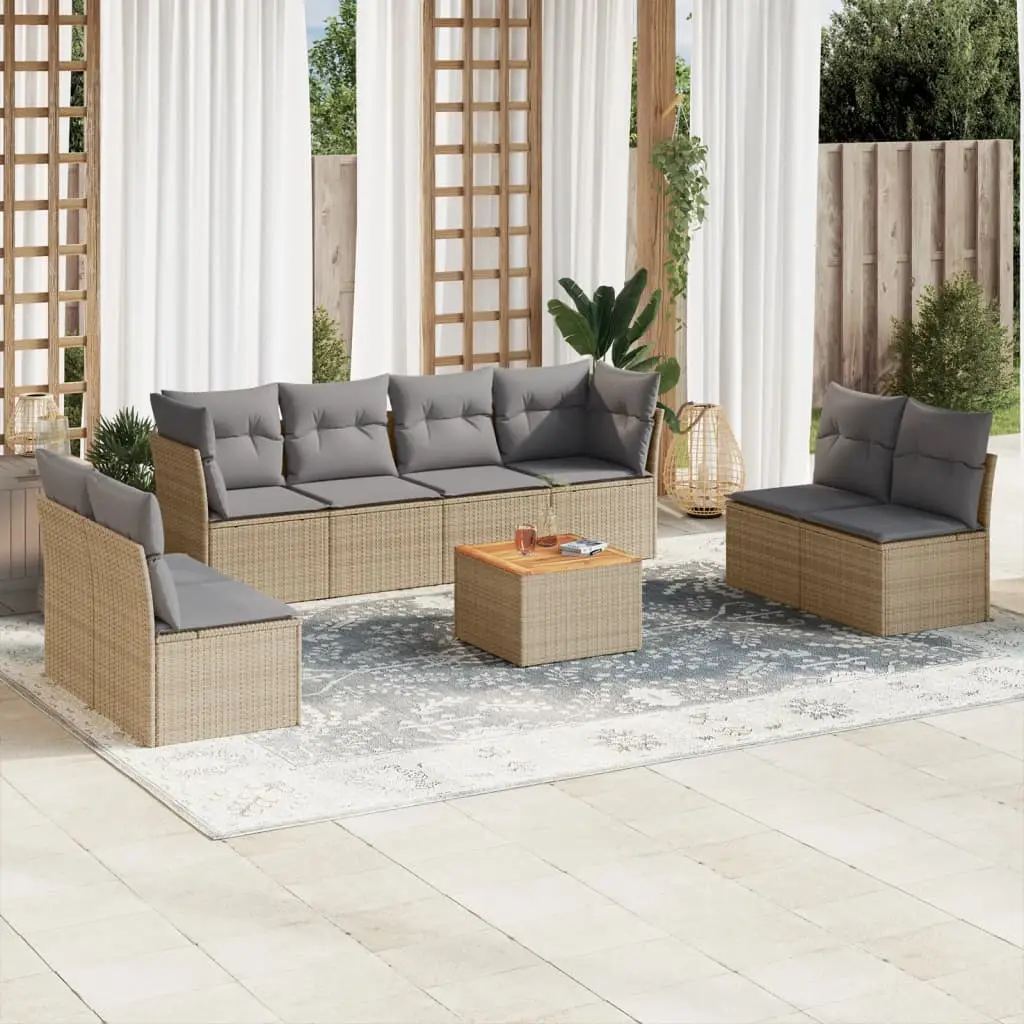 Ensemble canapé de jardin 8 places Résine Tressée Bois pour Terrasse Beige Coussins Gris – ComfortXL Outdoor Living